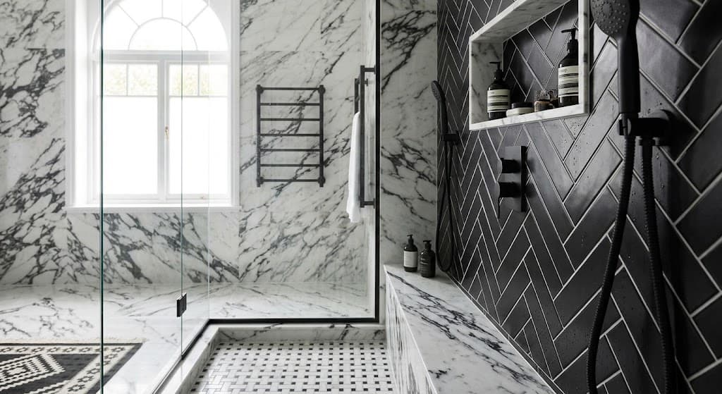 Marble vanity with a solid stone basin and black brassware