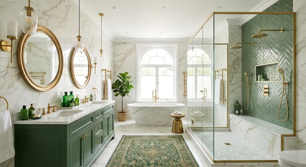 Marble walk-in shower with black herringbone tiling