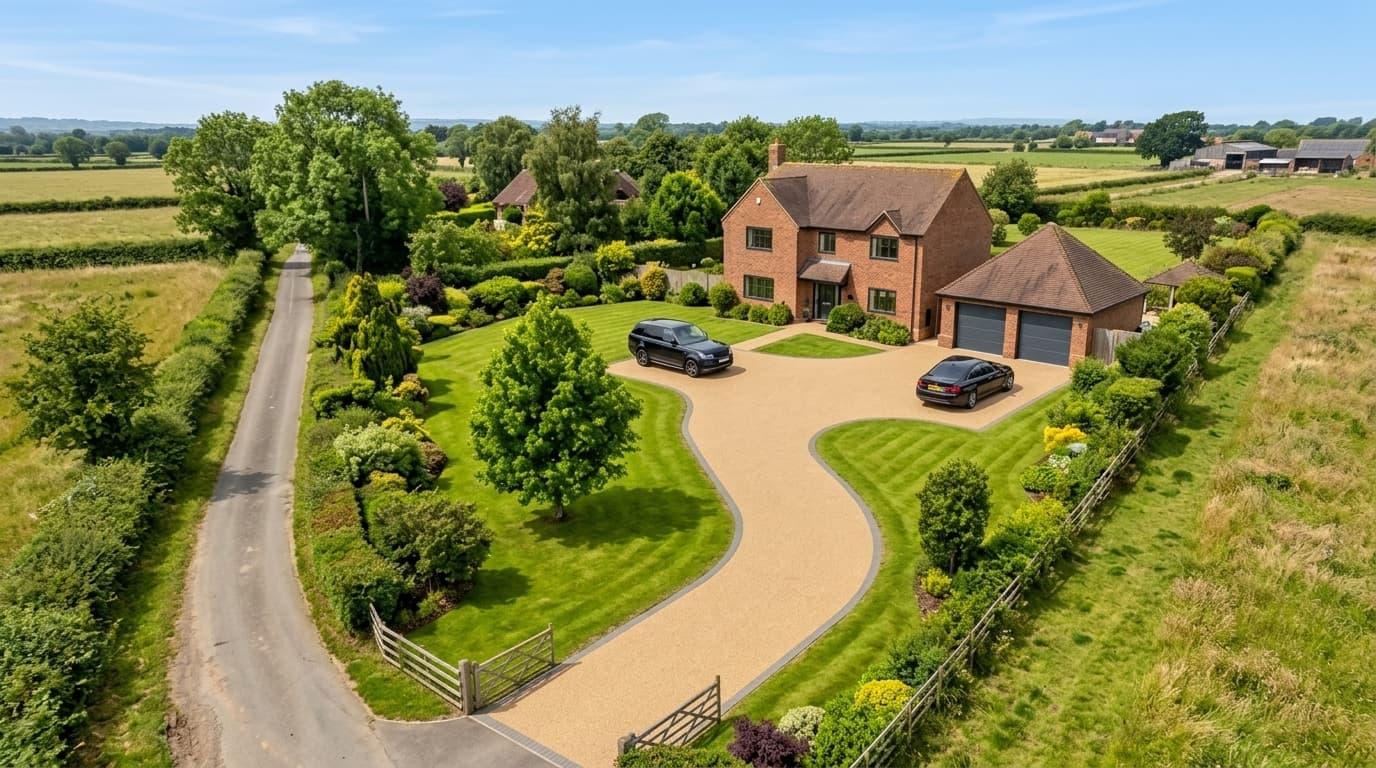 Aerial view of a resin bound driveway sweeping to a brick house