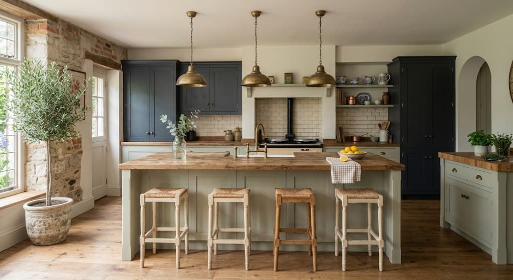 Sage kitchen with butcher block island and exposed brick
