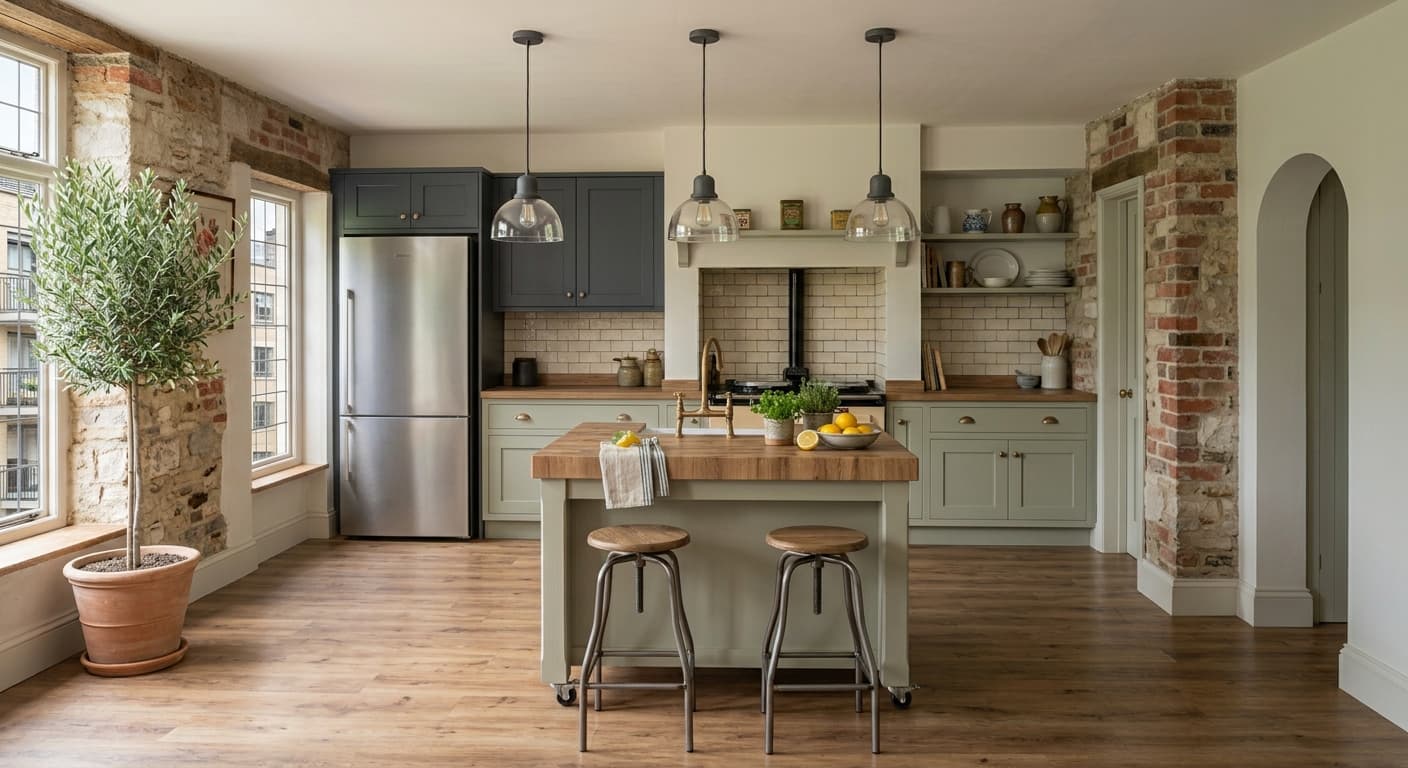 Sage green shaker kitchen with brass pendants