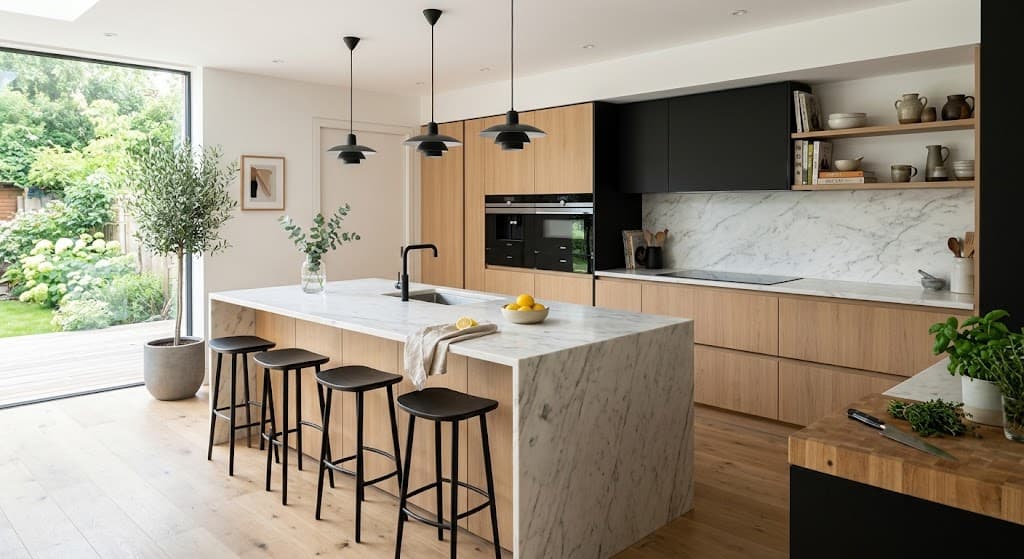Sage green shaker kitchen with a timber island and brass pendants