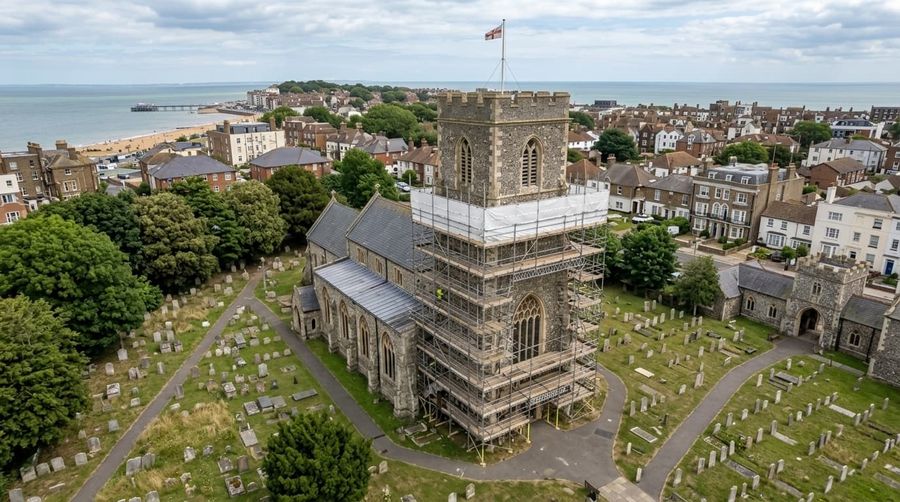 Scaffolding around a church tower with a sheeted lift at the top