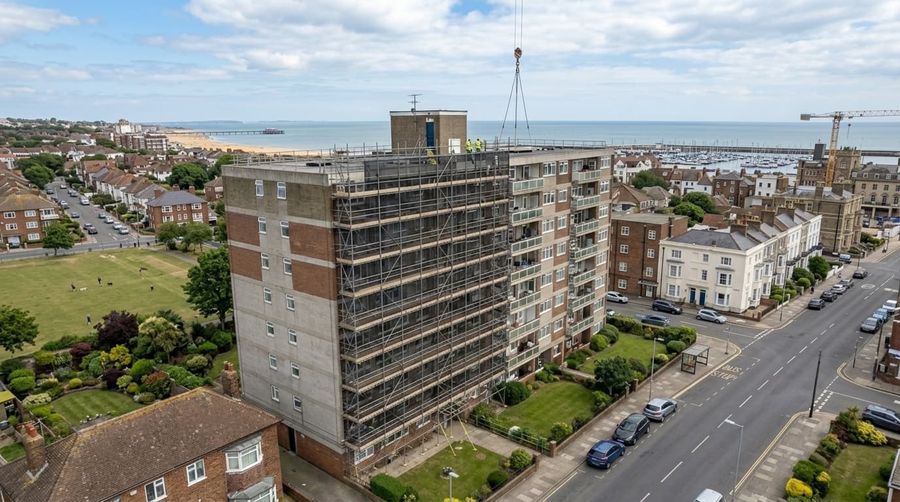 Scaffolding up the full height of a residential tower block