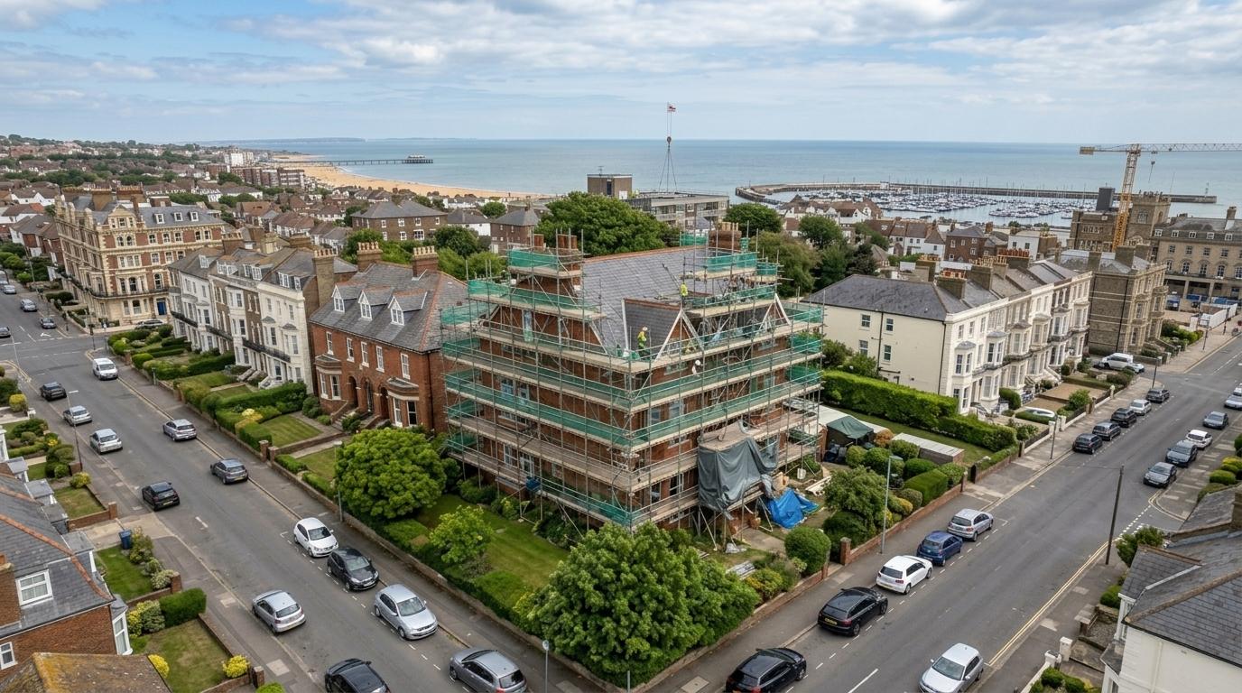 Aerial view of a Victorian terrace fully wrapped in scaffolding and netting